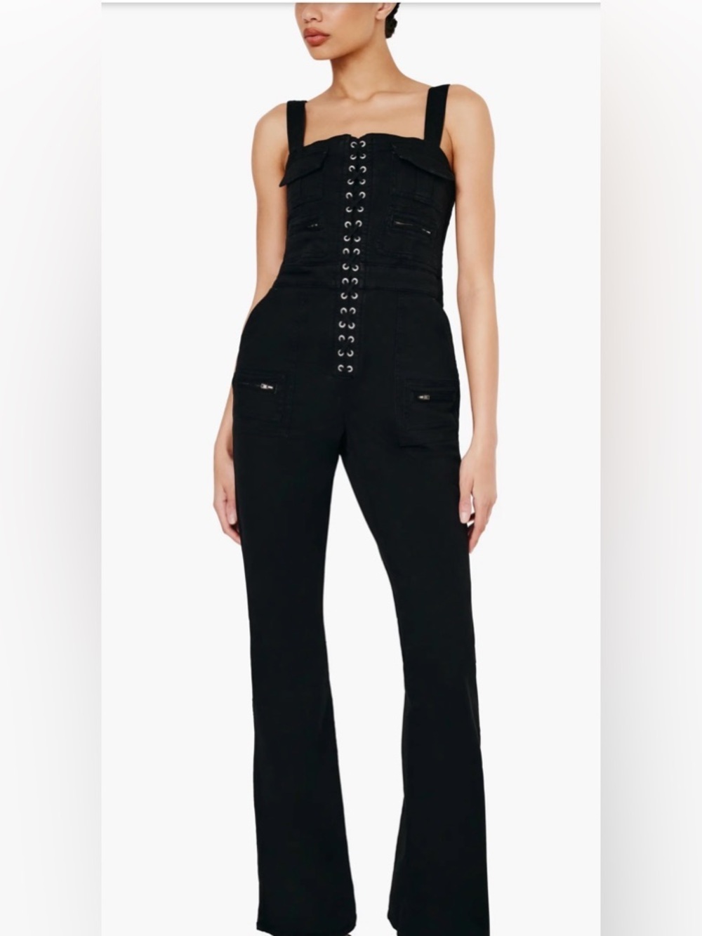 Good American Lace Up Corset Utility Jumpsuit Black Sz M NWT Flare Sold Out - Picture 2 of 12